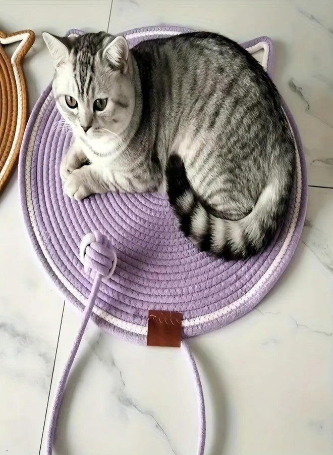 VISUAL ARREST Natural Cotton Rope Cat Scratcher Mat Hand-Woven Floor Wall Scratching Pad for Indoor Cats Scratch Pad with Catnip Ball Round Cat Kitten Scratching Mat for Cat Claw Sharpening (Blue) - Image 3